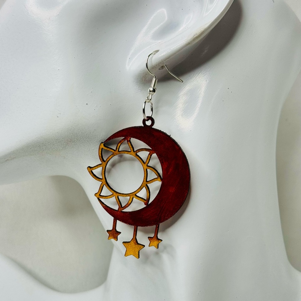 Hand dyed leather earrings sun moon and stars with red and yellow